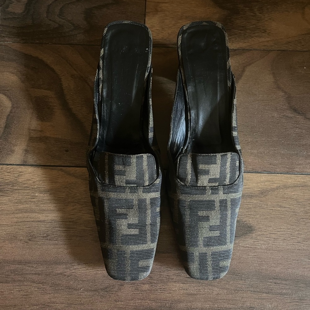 Fendi Black and Brown Mules with Geometric Pattern